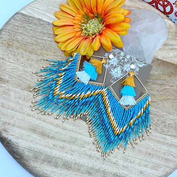 Handmade Beaded Long Tassel Fringe Dangle Drop Bohemian Post Diamond Earrings - Picture 6 of 9